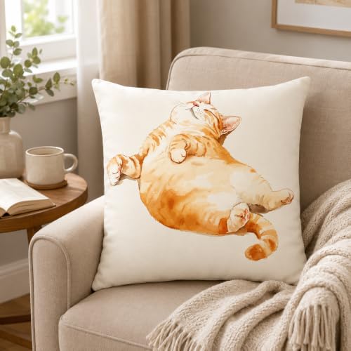 Chubby Orange Tabby Cat Pillow Cover 18x18 Inch - Soft Decor