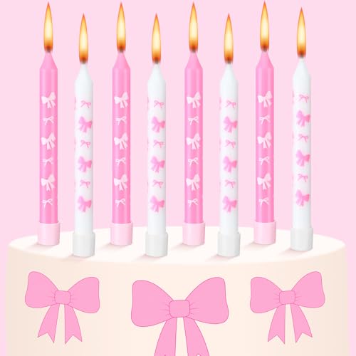 Conelist 12 Pink Bow Birthday Candles for Cake, Coquette Aesthetic, Pink & White