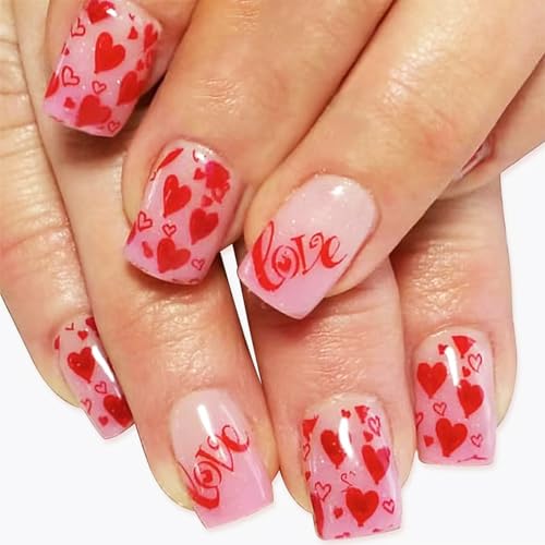 Red Love Heart Press on Nails Pink Ombre Square Fake Nails 24Pcs