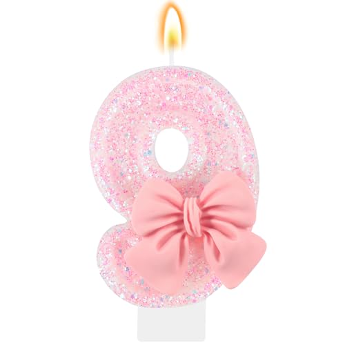 Pink Bow Number 9 Birthday Candle Cake Topper Decor