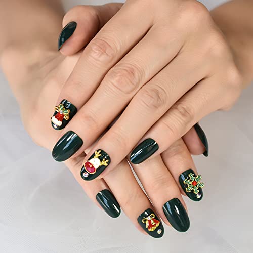 Christmas Deep Green Press on Nails 3D Rhinestone Oval Fake Nails