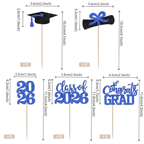 2026 Graduation Cupcake Toppers - 40 PCS Glitter Decor Picks