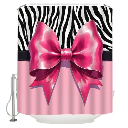 Pink Bow Zebra Print Shower Curtain 70" x 70" - Coquette Bathroom Decor