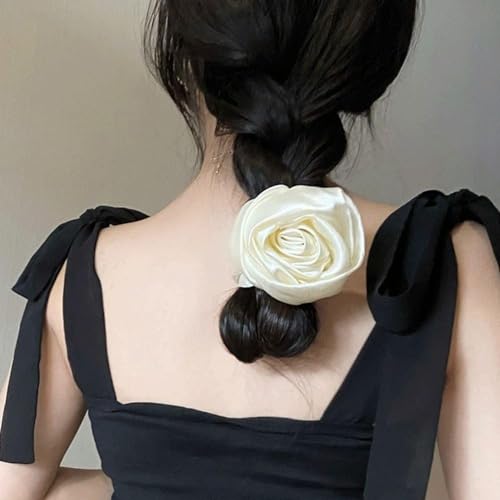 Sluswallow Wine Red Silk Satin Rose Flower Hair Scrunchie Ponytail Holder