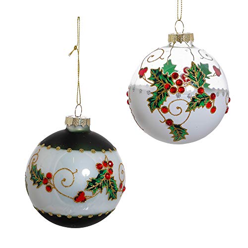 Holly Leaves and Berries Glass Ornament Set - 80mm Holiday Decorations