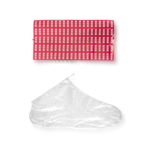 WOLVINA 100Pcs Disposable Plastic Foot Covers Waterproof Booties with Adhesive Strips for Paraffin Wax Bath, Spa and Home Pedicure
