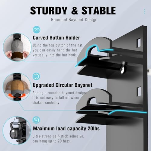 Hat Organizer for Wall - 2 Pack Black Cap Holder Holds 20 Hats