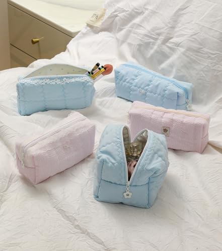Seersucker Pink Striped Makeup Bag Quilted Cosmetic Pouch 7x3x3