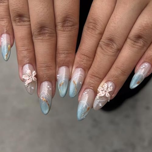 Blue French Tip Press On Nails with 3D Hibiscus Flower Charms