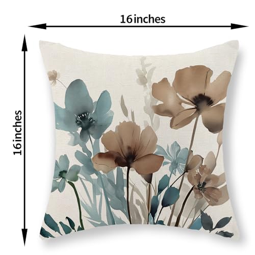 Floral Pillow Covers Set of 2, 16x16 Inch Linen - Blue Brown