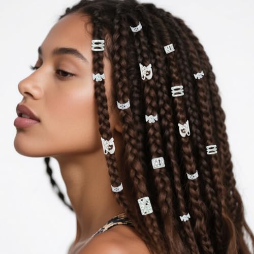 60Pcs Hair Jewelry Braid Cuffs Silver Dreadlock Charms Adjustable Rings