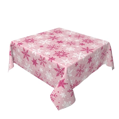 Pink Christmas Square Tablecloth 60x60 Inch Snowflake Holiday Decor - Pink & White