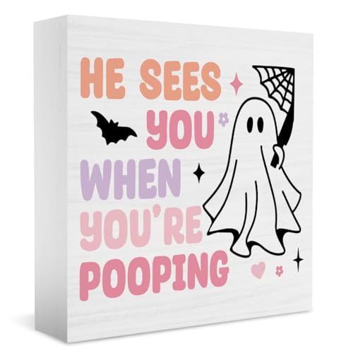 Cute Pink Ghost Pooping Halloween Decor - 5x5 Wooden Sign
