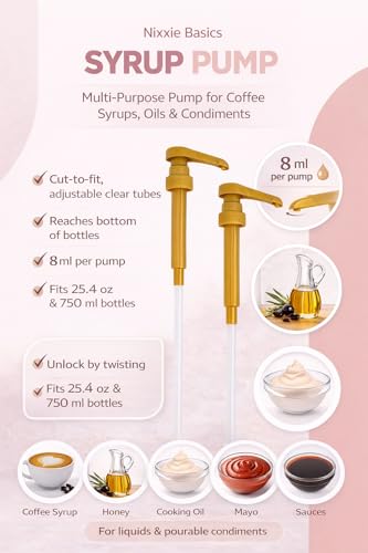 Gold Syrup Pump Dispenser Pack of 2 for 750ml Bottles - Fits Torani, Starbucks & More - Nixxie Basics