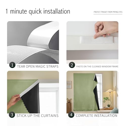 Jilron 100% Blackout Adhesive Curtain, No-Drill Blinds, Sage Green 35x48