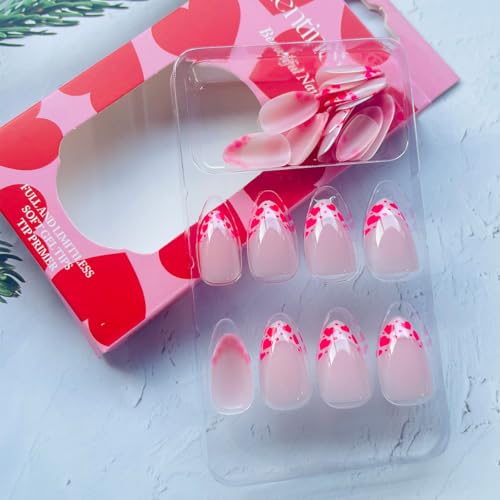 Valentine French Tip Press on Nails Short Almond Pink Heart Acrylic Kit