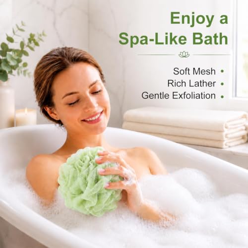 Loofah Sponge 4 Pack - Soft Mesh Bath Pouf for Gentle Exfoliation