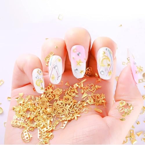 Tnyvm Gold Nail Charms Set with Rhinestones Pearls and Metal Studs 3D DIY
