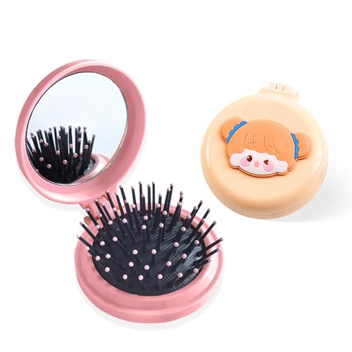 BOROLA Mini Folding Hair Brush with Mirror 2-Pack, Travel Pocket Air Cushion Comb