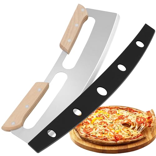 Gicyiit 14-Inch Stainless Steel Rocker Pizza Cutter with Wooden Handle, Sharp & Safe Kitchen Tool