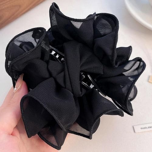 Black Large Chiffon Hair Bow Claw Clip with Rose Fabric Ribbon