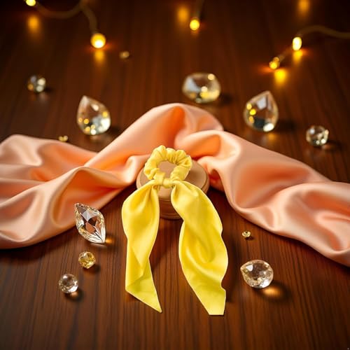 Yellow Satin Hair Scrunchie with Bow Ribbon Ponytail Holder