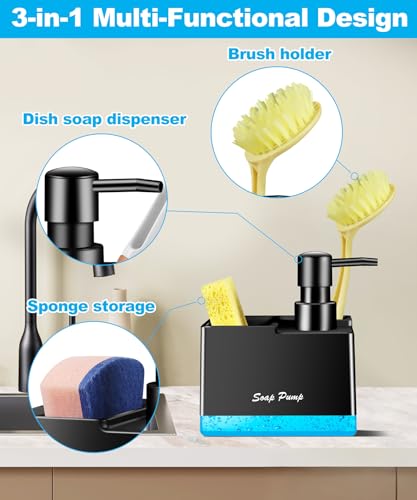 3-in-1 Dish Soap Dispenser with Sponge Holder - Black Kitchen Sink Caddy