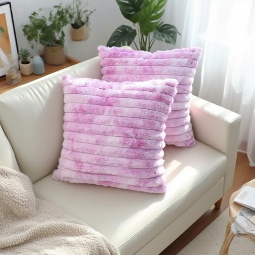 Plush Striped Throw Pillow Covers - Tie Dye Purple, 18x18" (Set of 2)