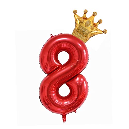 40 Inch Red Number 8 Balloon with Crown - 8th Birthday Decoration