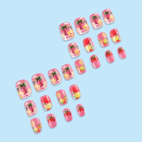 Short Square Palm Tree Press on Nails Glossy Summer Tropical Acrylic Nails