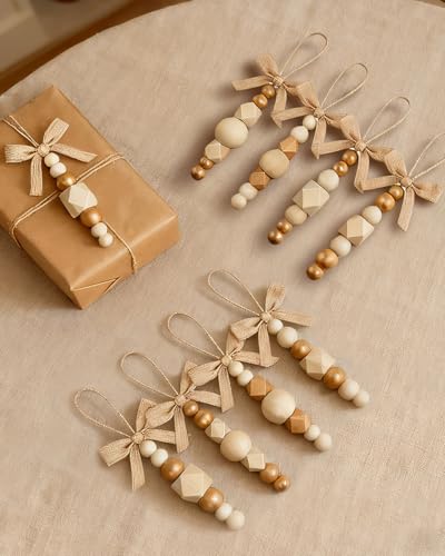 24Pcs Wooden Beads Christmas Tree Ornaments - Gold & Rustic Boho Xmas Decor