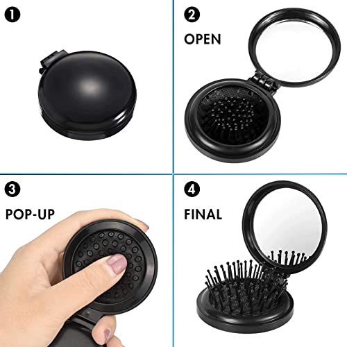 Serrale Folding Travel Hair Brush with Mirror Compact Mini Round Comb Black
