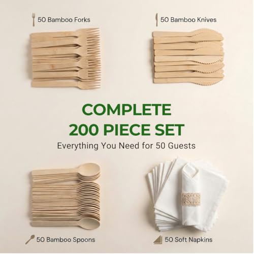 Pre Rolled Napkin and Bamboo Cutlery Set - 50 Pack Bamboo Utensils Wooden Cutlery 50 Forks 50 Knives 50 Spoons 50 Napkins, Pre Wrapped Disposable Silverware Cutlery for Party, Wedding, Events