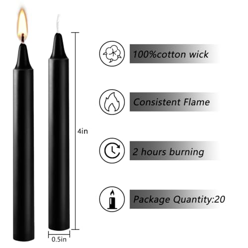 20-Pack Black Taper Candles - Smokeless, Long-Burning, Non-Dripping
