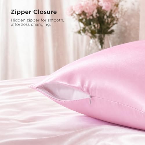 Bedsure Satin Pillowcase Set 2 Pack with Zipper - 20x26 Pink, Silk-Like Bed Pillow Covers