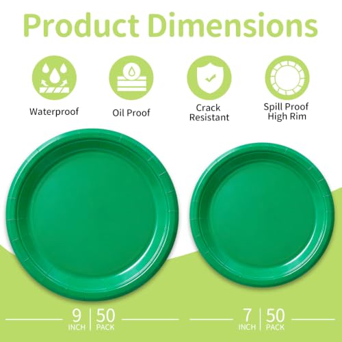 LANLISA Green Disposable Paper Plates Set 100 Count - 50 7-Inch & 50 9-Inch