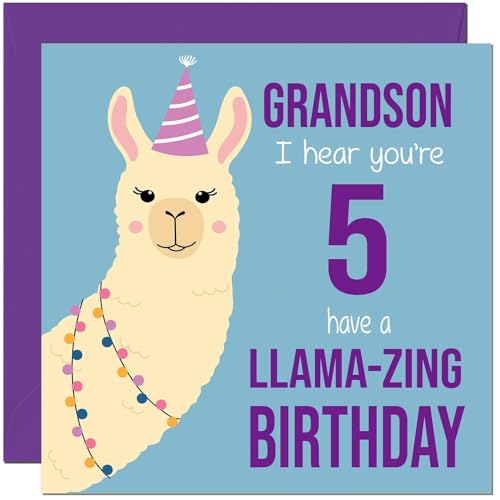Funny Llama Birthday Card for 5 Year Old Grandson - Eco-Friendly