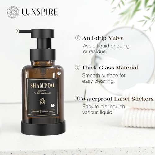 Luxspire Amber Glass Foaming Soap Dispenser 15oz with Upgraded Pump & Labels