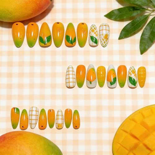 Almond Press on Nails Medium Yellow Glossy Tropical Fruit False Nails 24Pcs