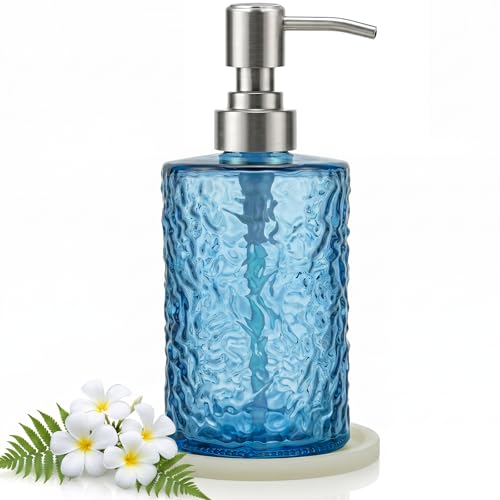 Hutalecho Blue Glass Soap Dispenser 13oz Refillable Bathroom & Kitchen Decor