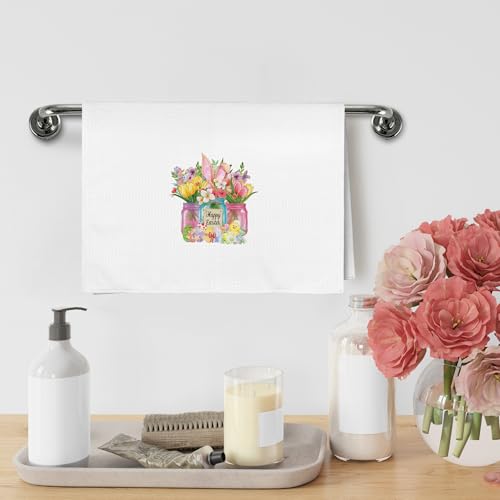 Easter Bunny and Floral Kitchen Towel, Microfiber Hand Dish Towel 16x24
