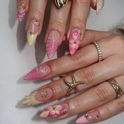 BABALAL Medium Almond Press on Nails French Tip Yellow Pink 3D