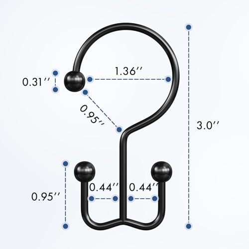 Matte Black Shower Curtain Hooks - 12 Pcs Double Hook Rings for Bathroom