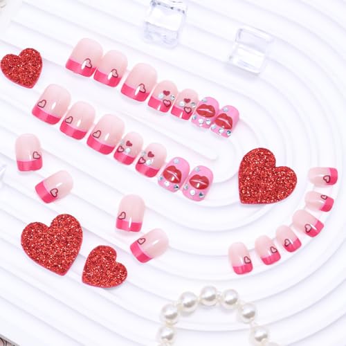 Valentine Press on Nails Short Square Pink Fake Nails with Heart and Lips