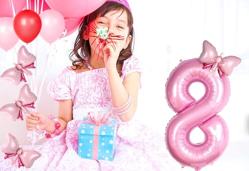 40-Inch Pink Number 8 Balloon with Bow for Birthday Parties