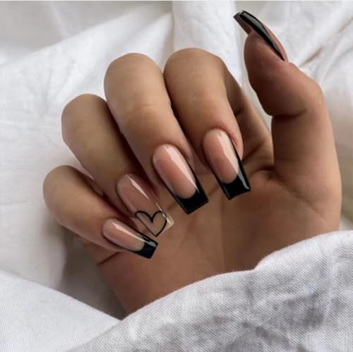 Black French Tip Press on Nails with Heart Design Medium Square Fake Nails