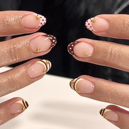French Tip Press On Nails Almond Shape Brown Glossy False Nails