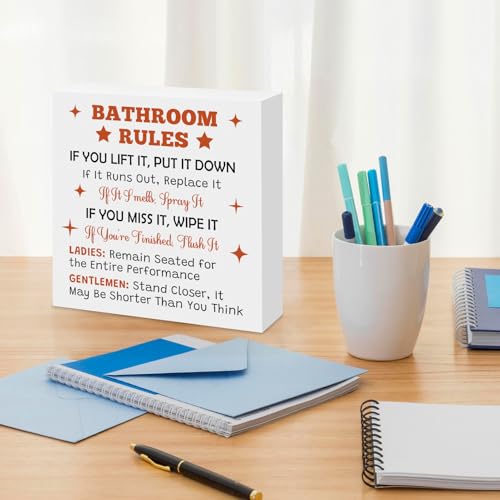 Funny Bathroom Rules Wood Box Sign Humorous Toilet Decor Plaque