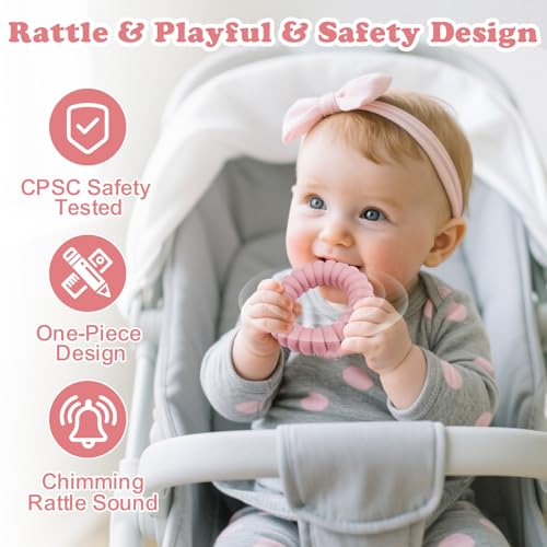 Silicone Baby Teether Rings with Rattle - 3 Pack Soothing Toys