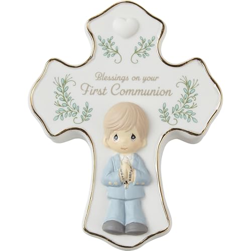Precious Moments Communion Boy Figurine & Rosary Box Set, Bisque Porcelain Keepsake, Ideal First Communion Gift